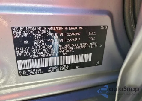 2019 Toyota Rav4 Xle from USA, damaged, VIN 2T3RWRFV6KW009913